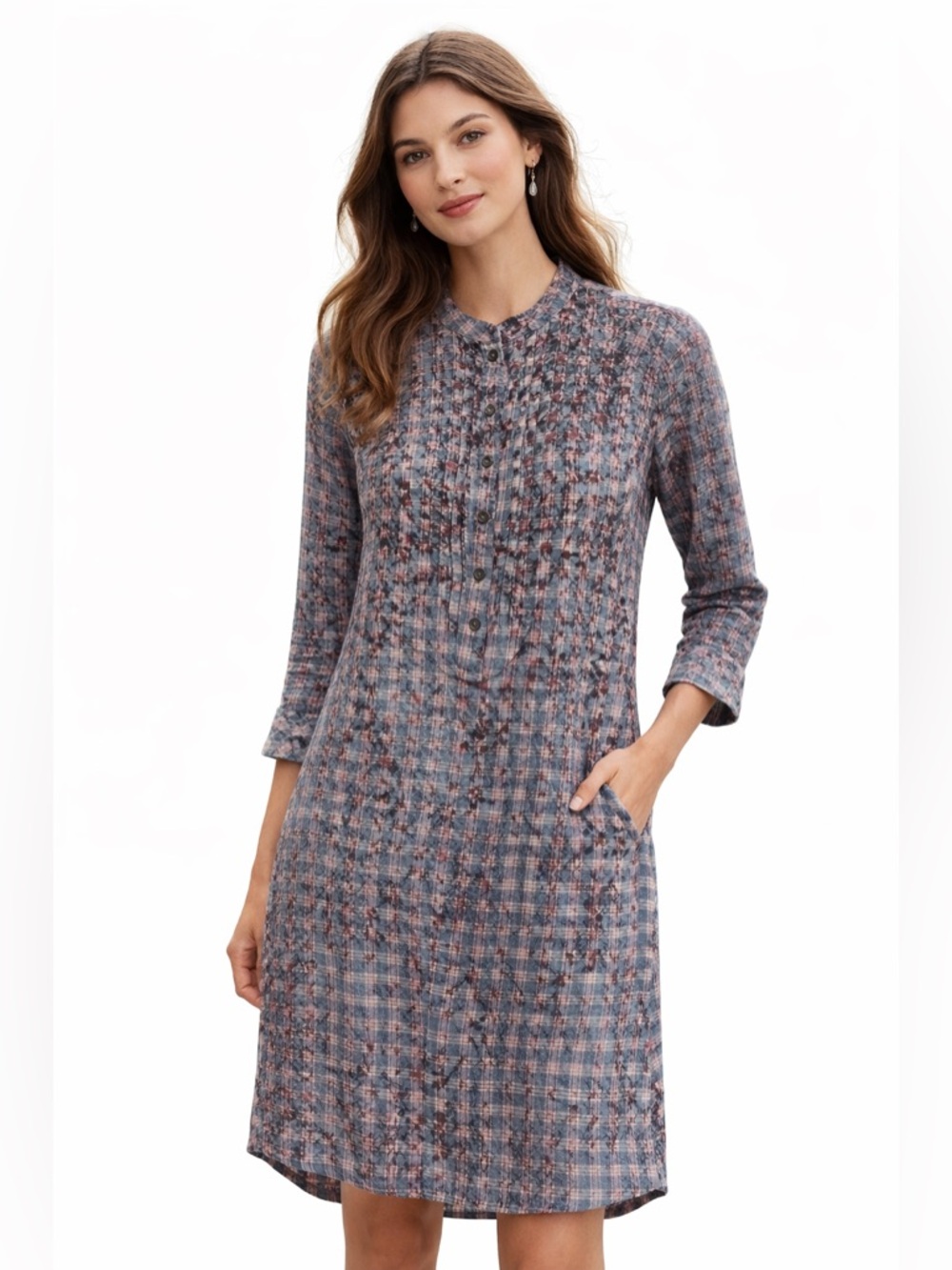 Peruvian Connection Plaid Print Shirtdress Size 6 Boho Midi Tunic Dress Pockets